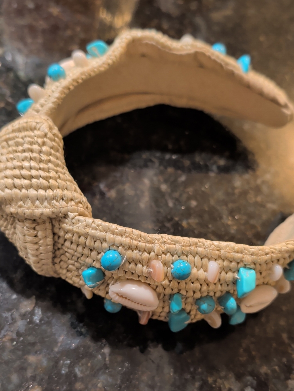 Beaded Shell & Turquoise Raffia Headband